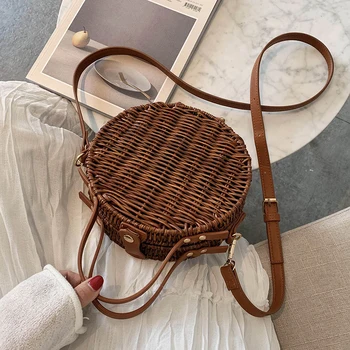 

Woven Rattan Bags Round Straw Shoulder Bag Small Beach HandBags Women Summer Hollow Handmade Messenger Crossbody Bags