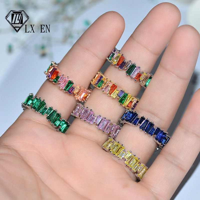 

Fashion Luxury Multicolor AAA Baguette Cubic Zirconia Wedding Rings for Women T Shape Stone Party Jewelry Gift