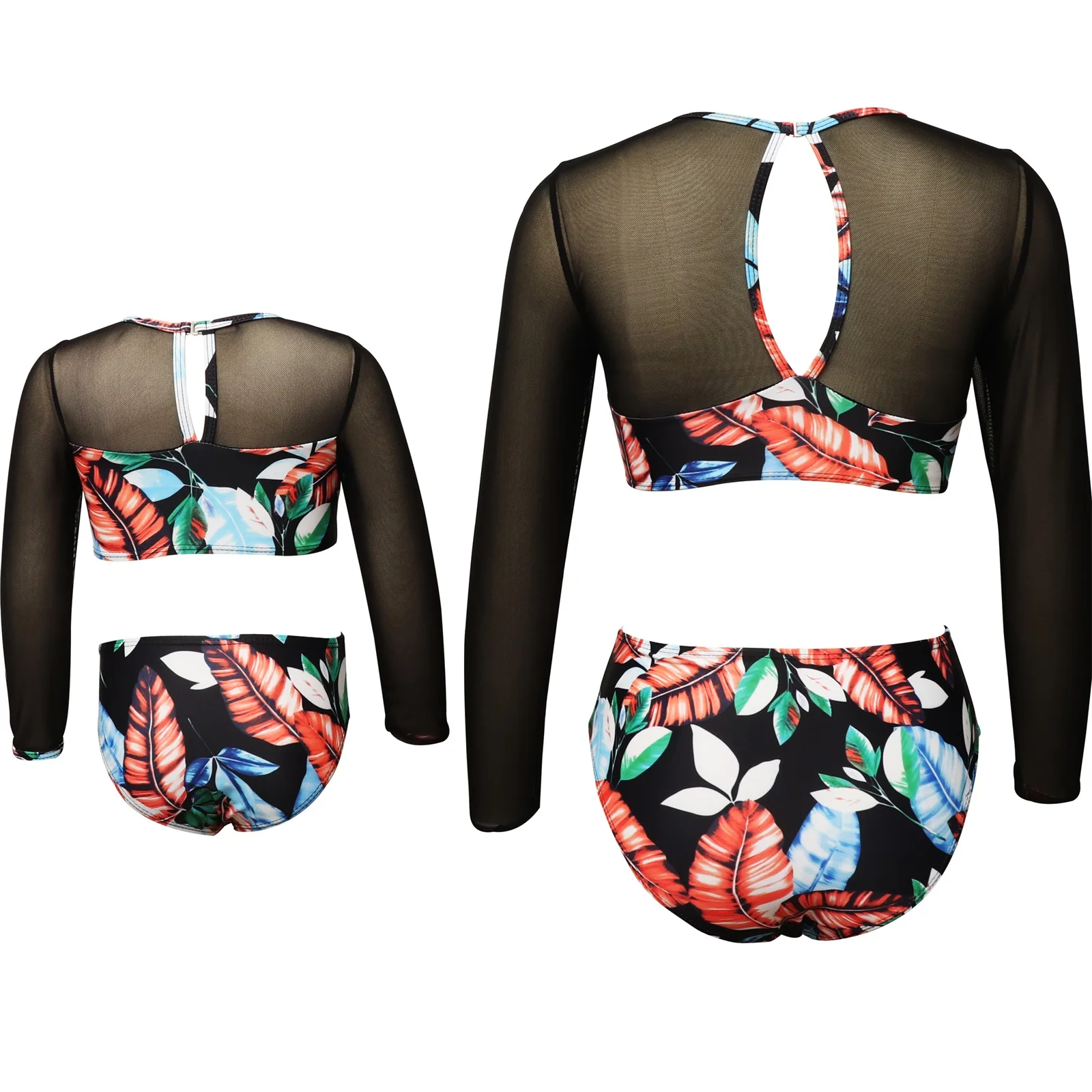 Pudcoco Mother Daughter Family Matching Swimwear Tulle Long Sleeve Hollowed Waist Leaf Print Sun-proof Baby Girl Women Swimsuit