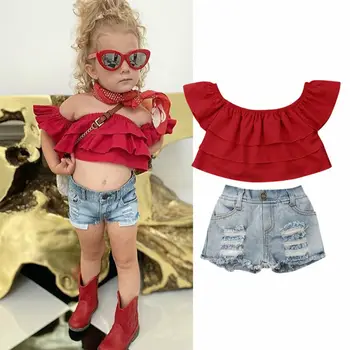 

Summer Toddler Kid Baby Girl Kid Ruffles Tube Tops Denim Jeans Shorts Clothes Set