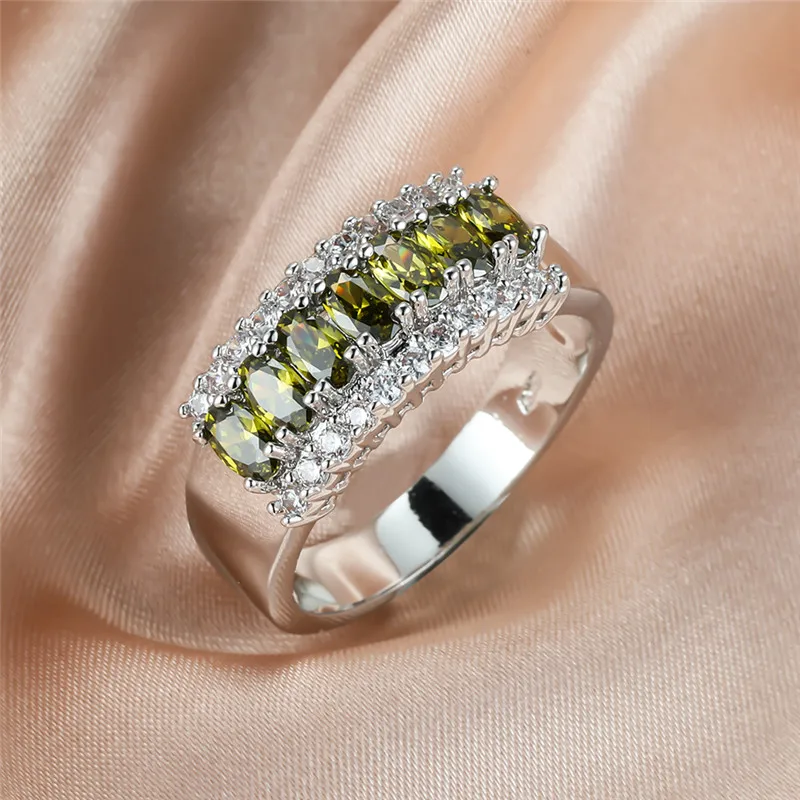 Single Row Olive Green Zircon Ring Small Oval Stone Rings For Women Wedding Jewelry Vintage Fashion Silver Color Birthstone | Украшения и