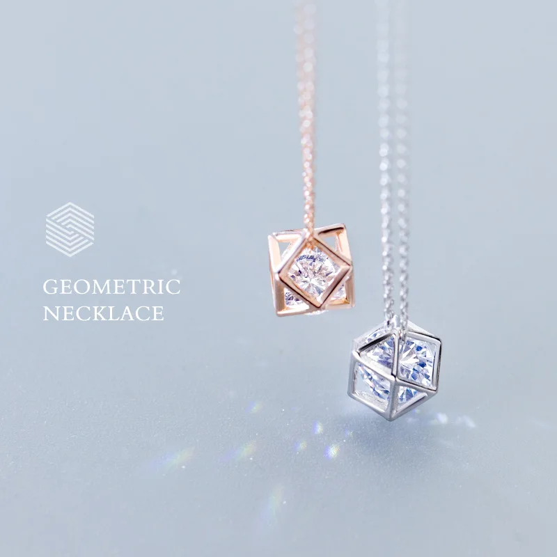 

Fashion 925 Sterling Silver Chain Necklaces Hollow Rubik's Cube Pendant Necklaces For Woman Jewelry
