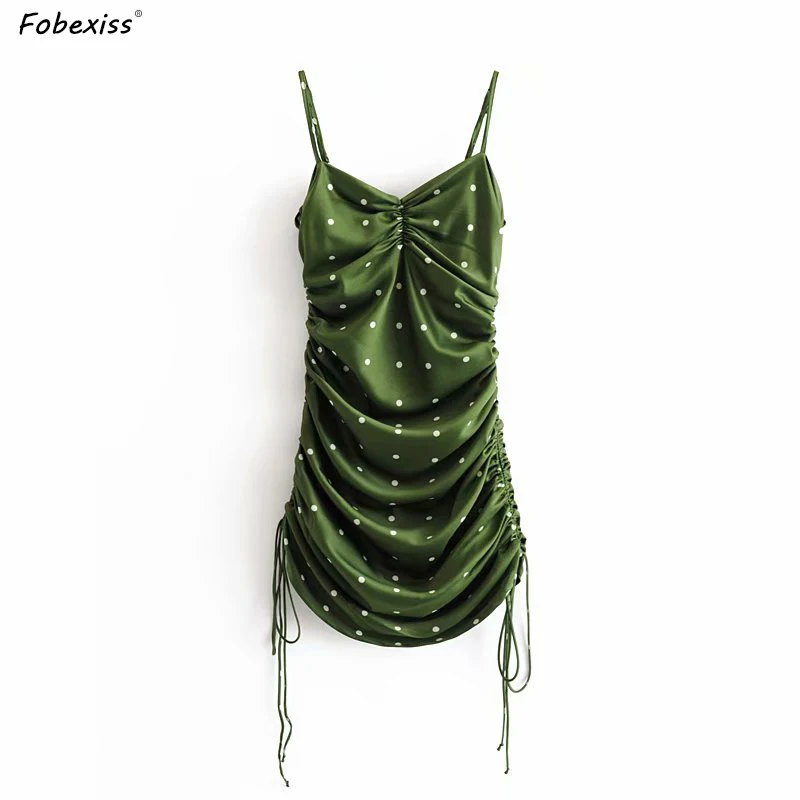 

Backless Mini Dress Women Summer Sleeveless Strapless Vintage Polka Dot Green Bodycon Dresses Women Drawstring Party Mini Dress