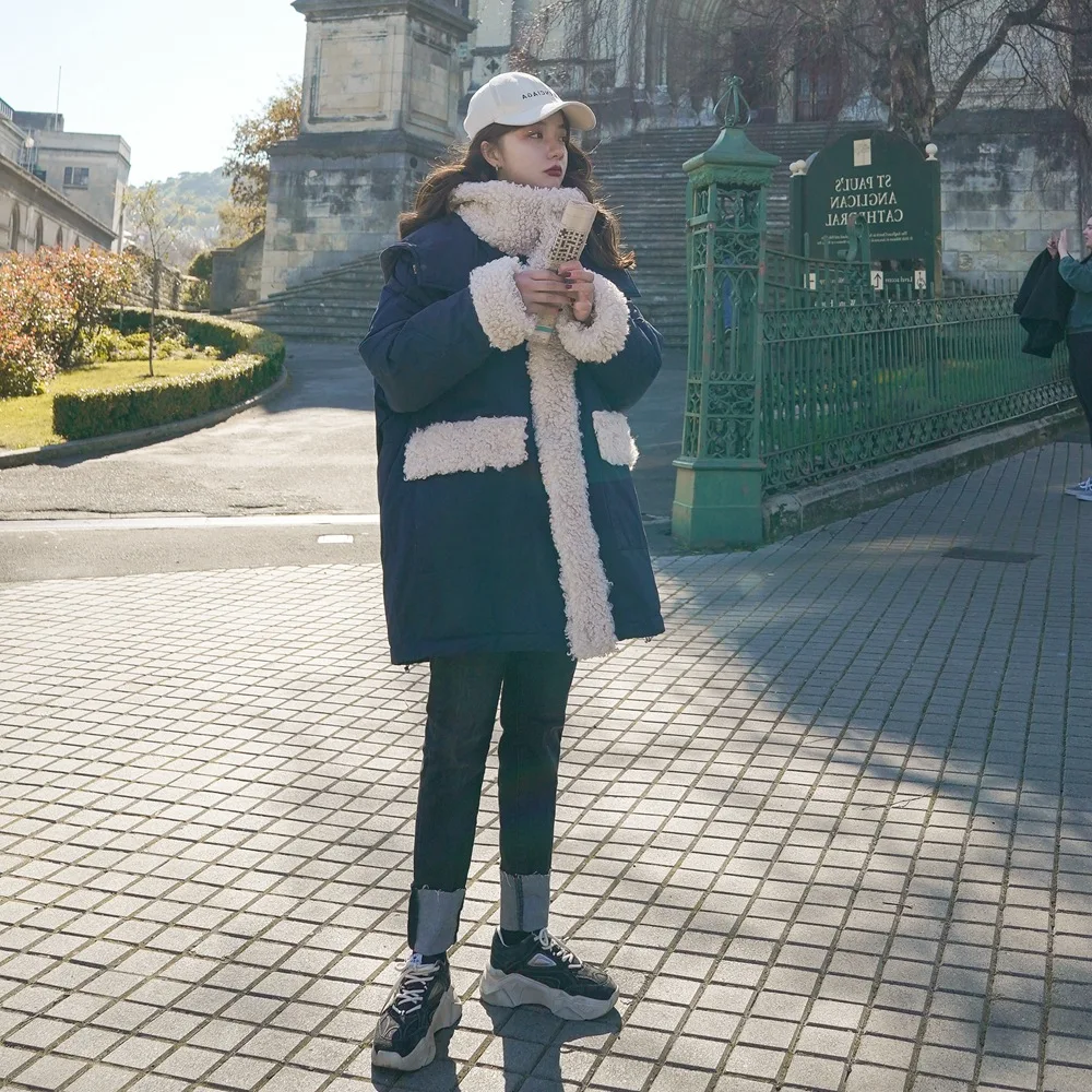 

Photo Shoot Korean-style Fashionable Hooded One Piece Coat 2019 Winter New Style Retro Laziness-Style Lambs Wool Joint Cotton Co