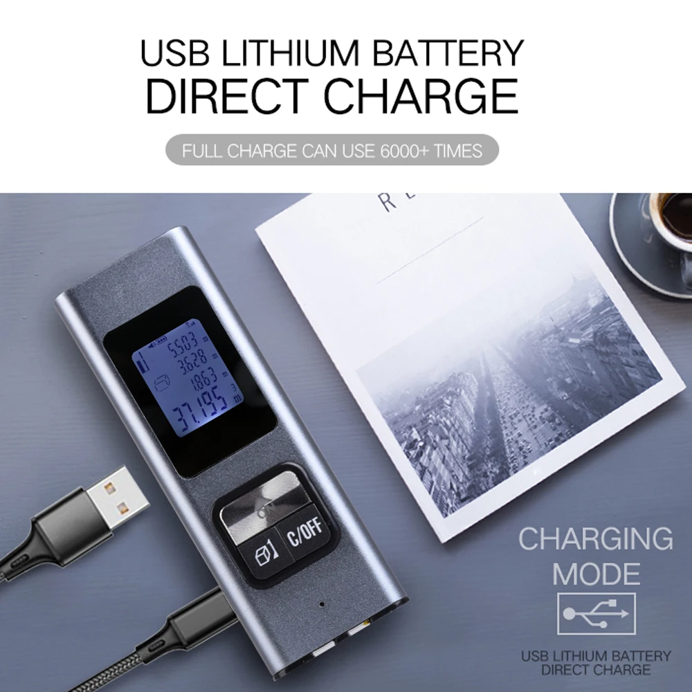 Мини лазерный дальномер Рулетка USB Перезаряжаемый дальномер Цифровой Металлический корпус дальномер