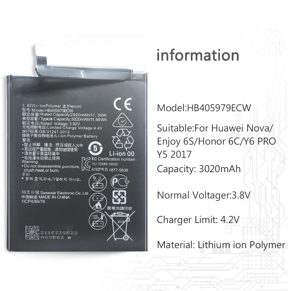 Аккумулятор HB405979ECW 3020mAh Для huawei Nova/Enjoy 6 S/Honor 6C/Honor 6A/Honor 8A/Y5 /P9 Lite мини-батареи