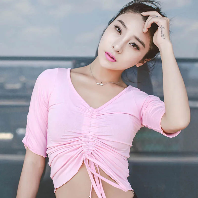

Short in Size-Half-sleeve Shirt Chest Drawstring Design Yoga Fitness Running Sports Fitting T-shirt
