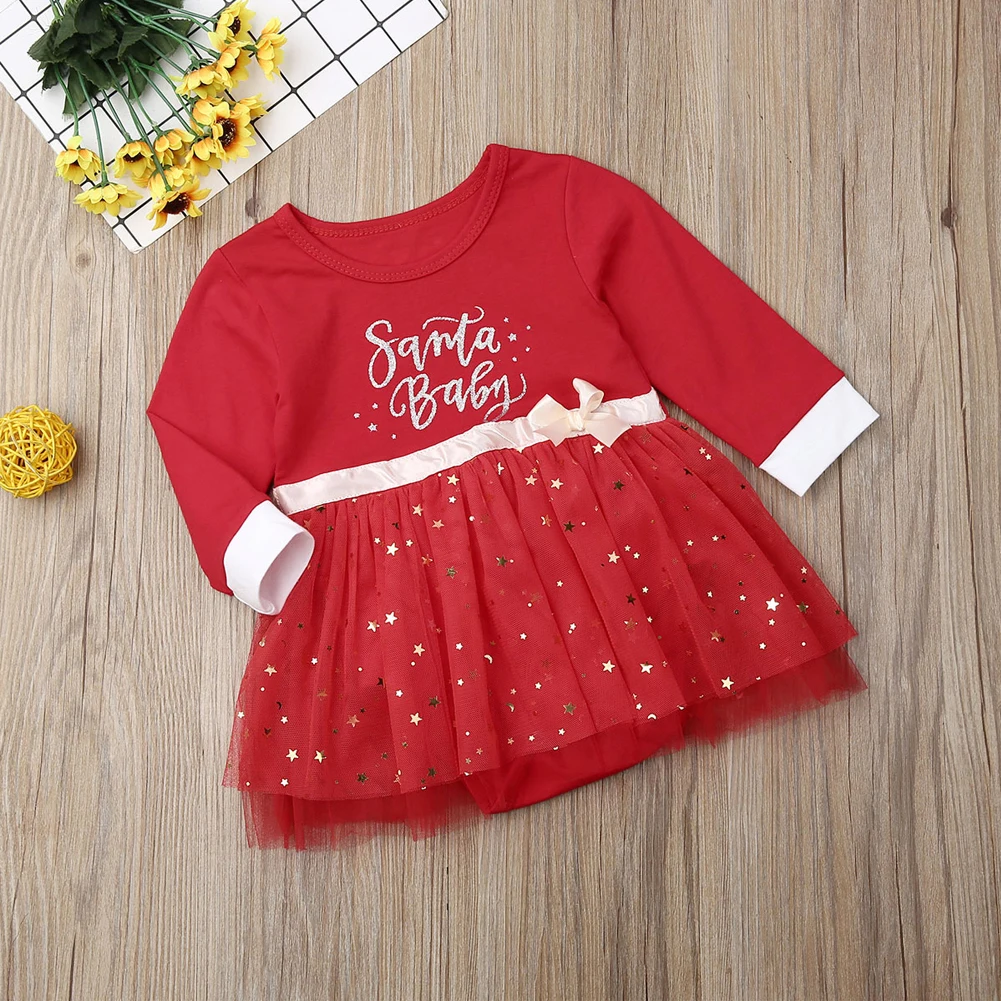 Рождественское красное платье для новорожденных девочек; вечерние платья-пачки с длинными рукавами и бантом и блестками; Комбинезон для маленьких девочек; рождественские костюмы