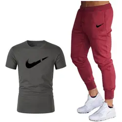 Новая популярная Летняя мужская футболка + брюки из двух предметов, Хлопковая мужская повседневная одежда, спортивная футболка