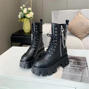 

Women Lace-up Martin boots Zipper metal chain shoes Platform boots cool Genuine Leather shoes Keep warmautumn winter shoes