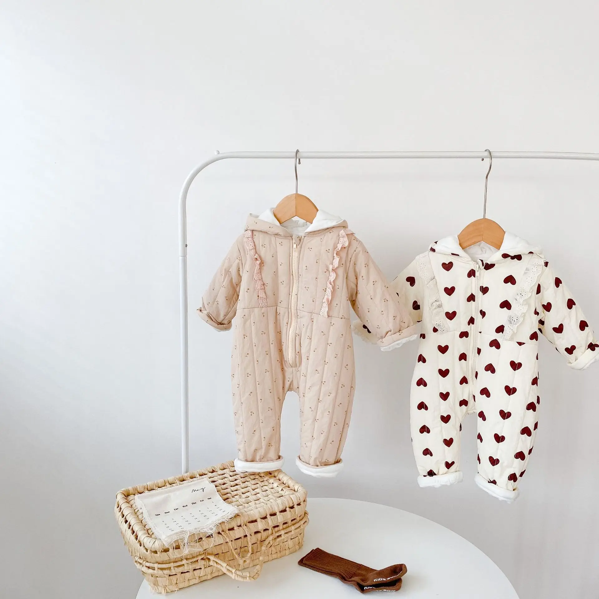 

New Year Gifts Winter Baby Jumpsuits Outdoor Clothes Printed Zipper Thick Children Hooded Bodysuit Parkas for 0-2 Years Old