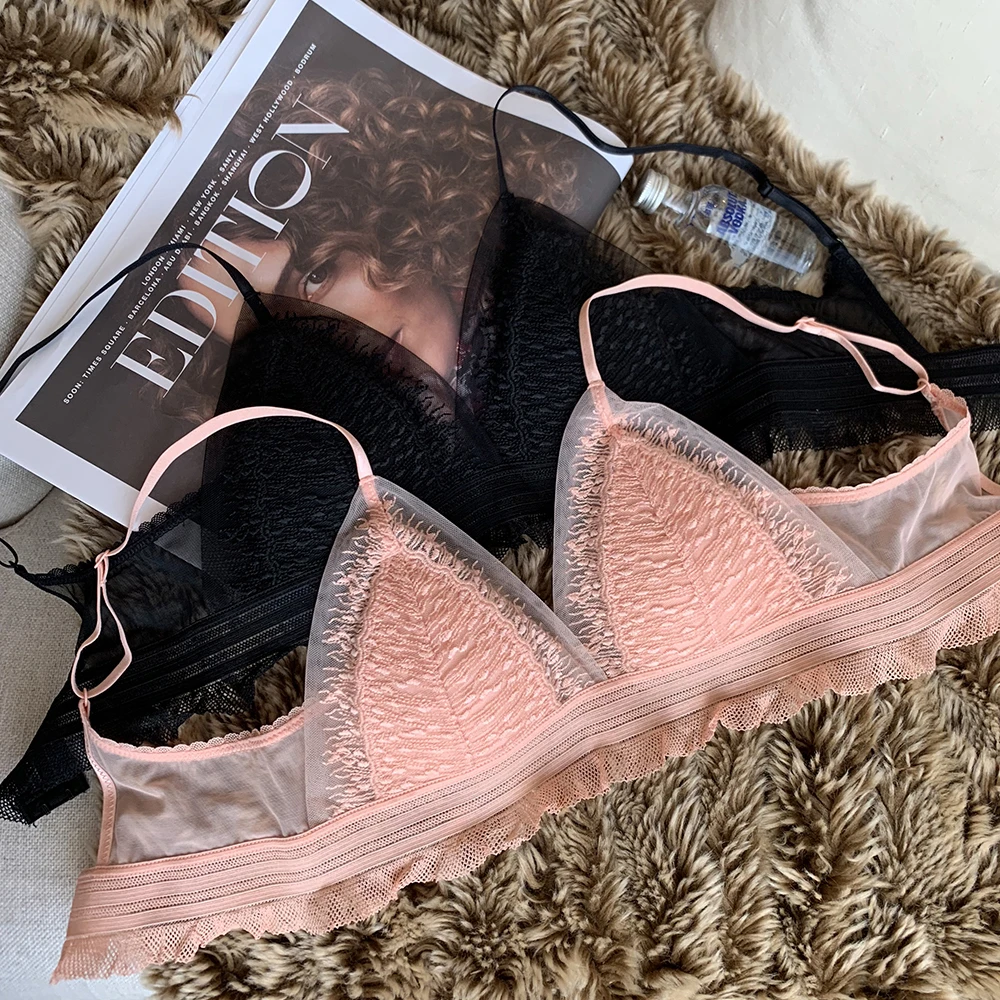 

Wriufred Triangle cup sexy lingerie ultra-thin lace underwear female breathable no steel ring bra set ladies underwear