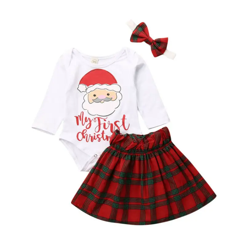 

2019 New My First Christmas Baby Girl Clothes Santa Tops+Plaids Skirt+Headband Outfit