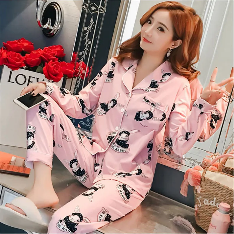 

Spring And Autumn Korean-style Pajamas Women Long Sleeve Cardigan Tracksuit Cartoon Rabbit Less Women's Sweet Two-Piece Set
