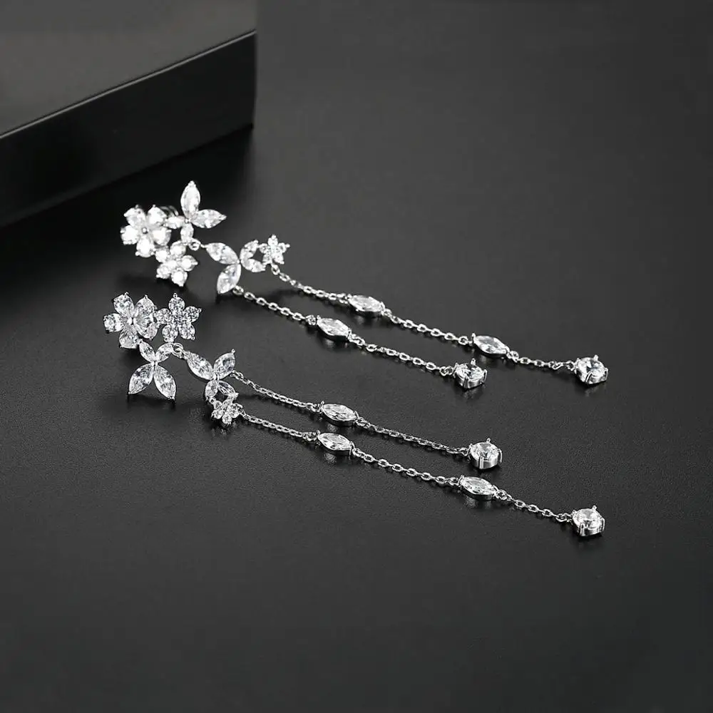 Luoteemi Delicate Fairy Flower Long Thing Chain Drop Dangle Earrings for Women Bridal Wedding Dating with AAA CZ Fashion Jewelry