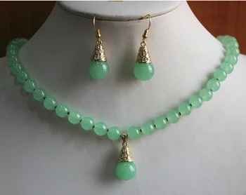 

2 styles lady's 8mm light green jade nice necklace jade/shell pearl hook earring&pendant necklace jewelry set