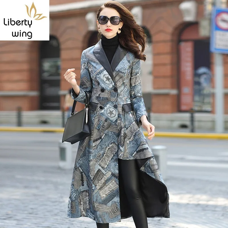 

Elegant Personality Printed Womens Genuine Leather Long Jackets High Quality Sheepskin Double Breasted Slim Fashion Overcoats