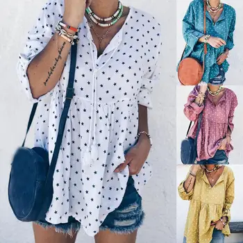 

Spring Autumn Casual Women Blouse Loose Star Print V Neck Long Sleeve Shirt Top Nylon Polyester Spandex Women's Blouse S -3XL