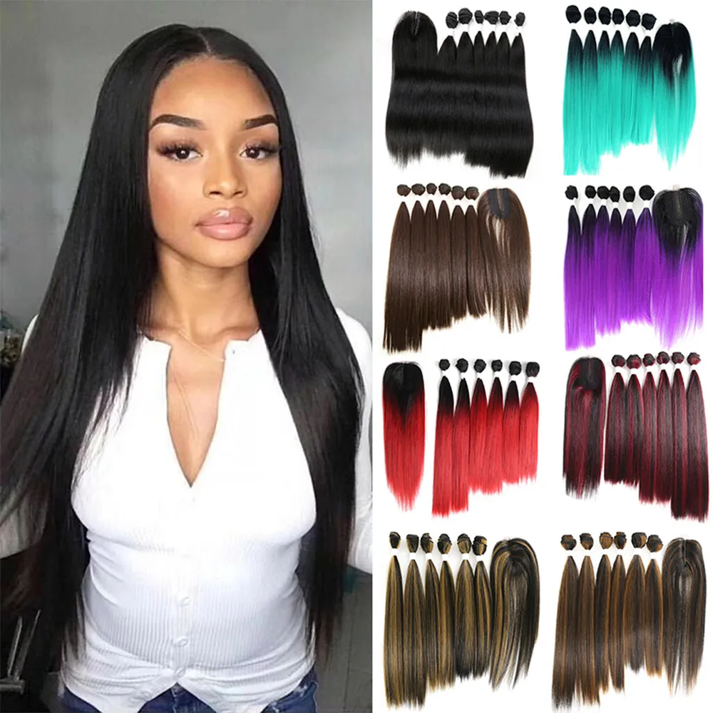 Synthetic-Hair-Bundles Closure SOKU Straight Weaving with Black Purple Red-Color Yaki
