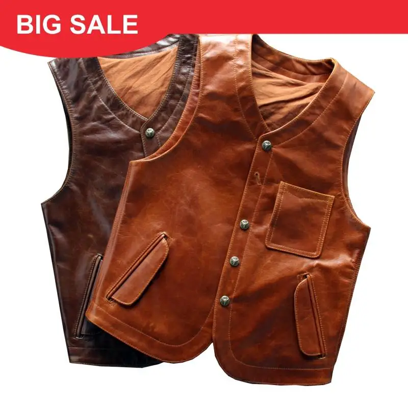 

2020 Brown Men Short American Casual Style Leather Vest Single Breasted Plus size 3XL Genuine Cowhide Spring Slim Fit Men Vest