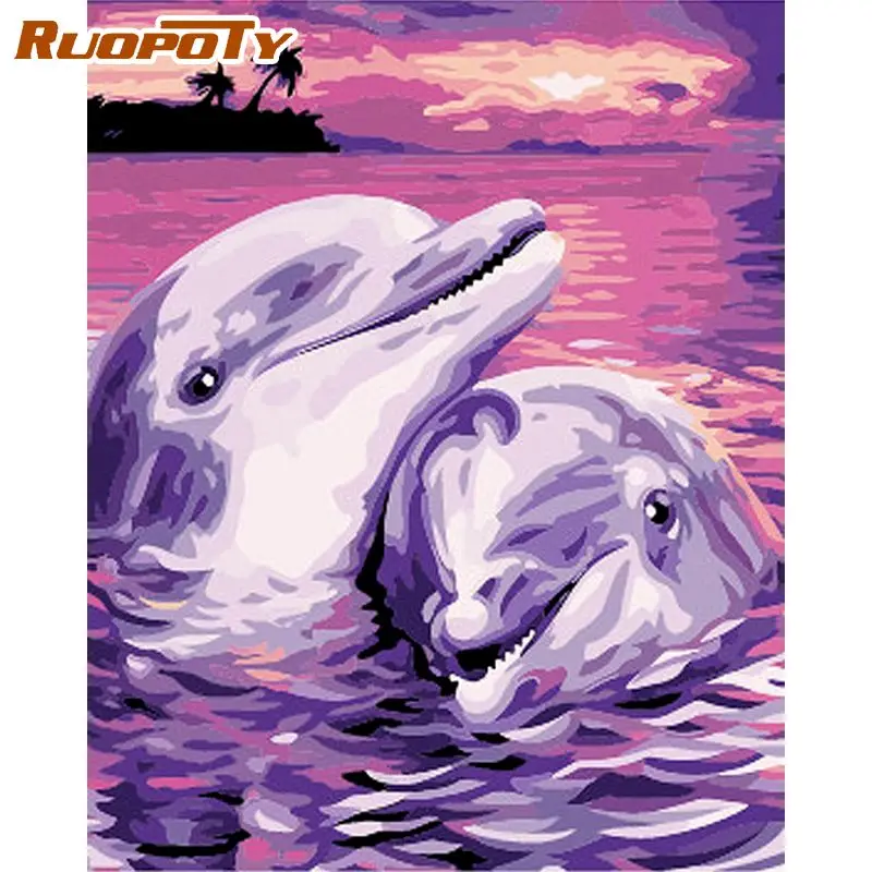 

RUOPOTY Frame Dolphin Animals Picture DIY Painting By Numbers Drawing On Canvas DIY HandPainted Oil Painting Home Decoration
