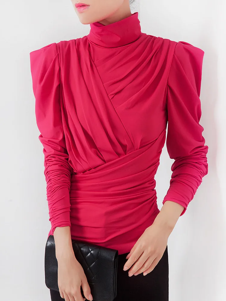

Black/ Red Women's shirt Pleated Stretch Plain Fabric blouses turtleneck ladies Pullover Top