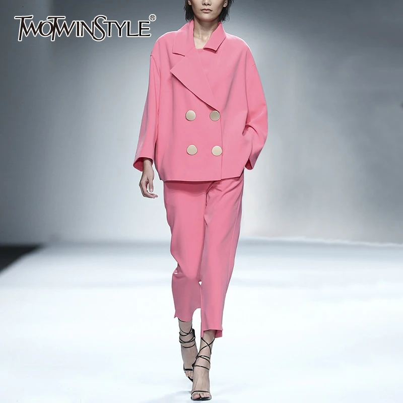 

TWOTWINSTYLE Elegant Pink Two Piece Set For Women Notched Long Sleeve High Waist Pants Female Suit 2019 Fashion Autumn New