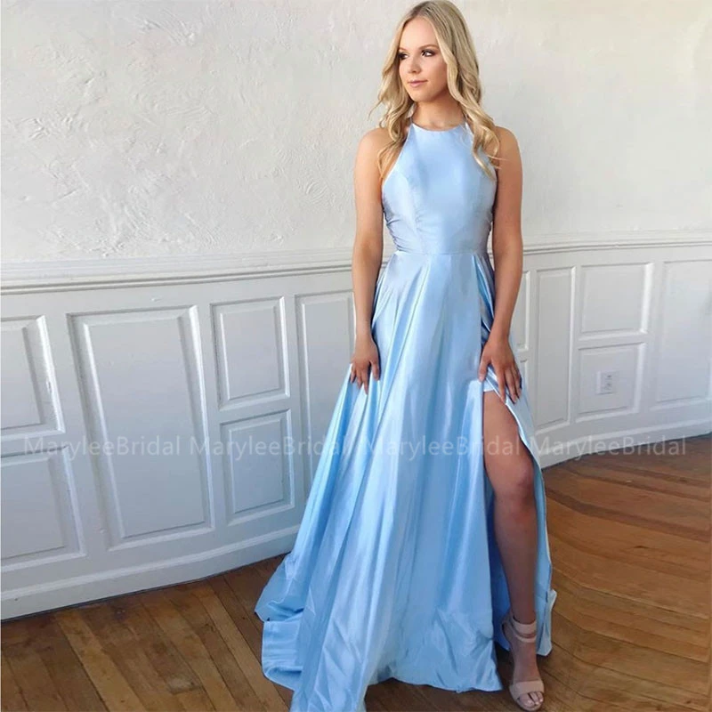 Robe Longue De Bal Pour Filles Bleu Ciel Clair Bretelles Spaghetti Croisees Sexy Fendue Sur Le Devant Robe De Soiree Formelle Aliexpress