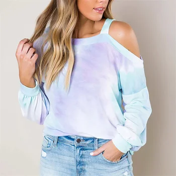 

Cold Shoulder Tie Dye Loose Blouses Women Halter Long Lantern Sleeves Blouse Female 2020 Spring Autumn Fashion Streetwear Tops
