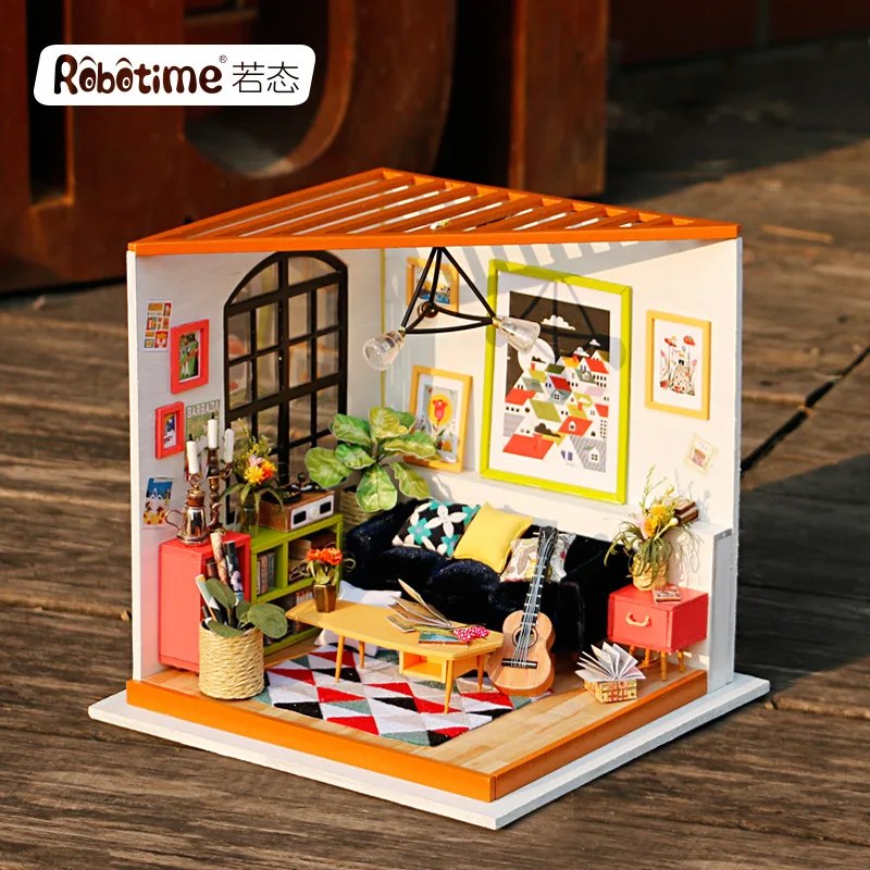 

Robotime Cass Music Living Room xiu zhen wu Hand-made Assembled Wooden House DIY Hut If