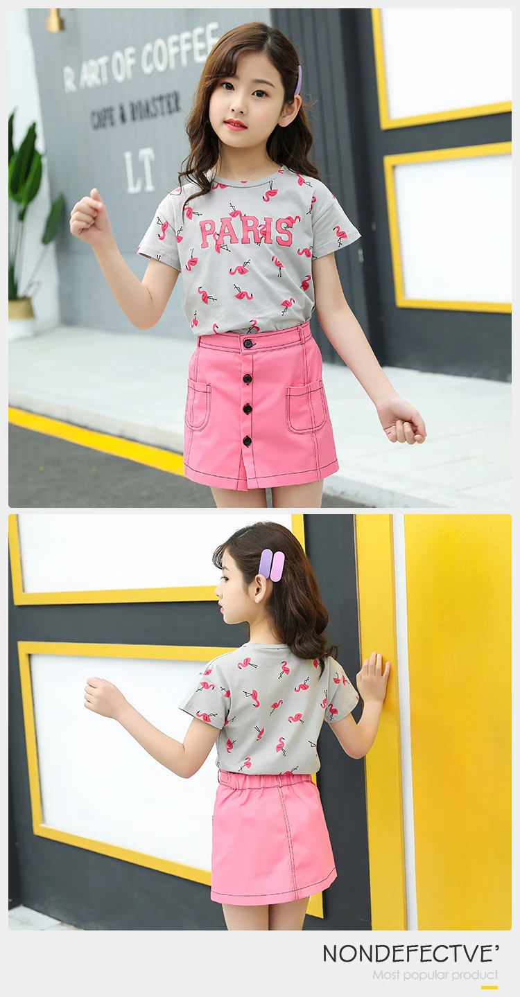 Pink Flamingo Pattern Children'S Little Girl Kids Summer Clothes Suit Pink Girl 2 Piece Clothing Matching Skirt 2Pc Set
