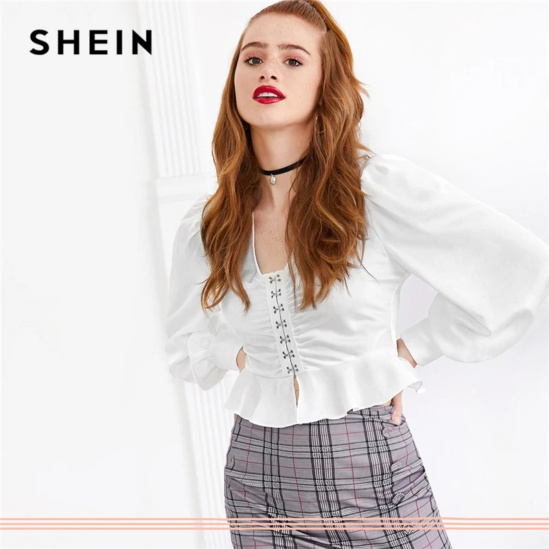 SHEIN женская блузка с баской спереди и v образным вырезом Осенний топ рукавами