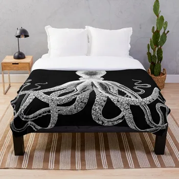 

Octopus Vintage Octopus Tentacles Sea Creatures Nautical Ocean Sea Beach Black and White Blanket Wool Flannel Plush Blanket Beds