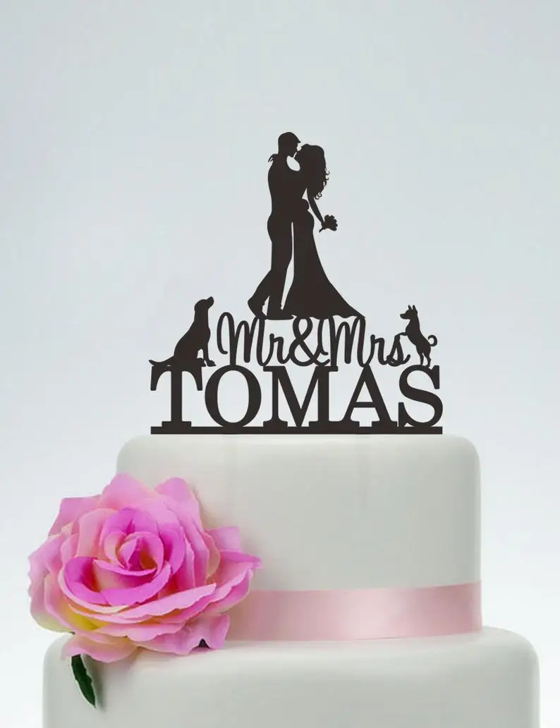 Силуэт для невесты и жениха топпер торта Mr & Mrs пары на свадьбу с собакой | Дом сад