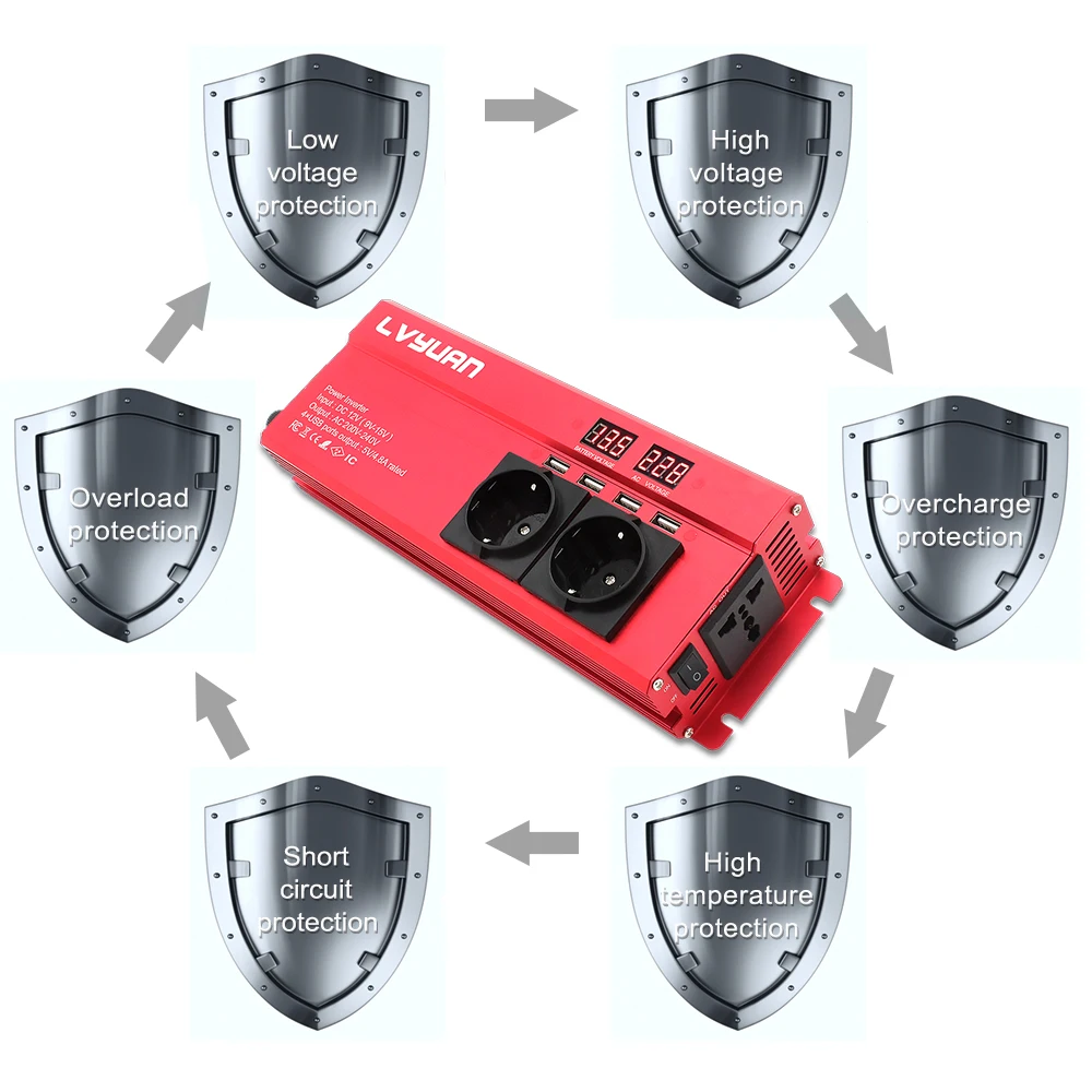 Vehicle Inverter Car Converter Inverter Car Inverter Car Power Converter Power Inverter LVYUAN Car Inverter 2600W Power DC 12V/24V To AC 220V LED Display & 4USB Converter Charger Transformer EU/Universal Plug