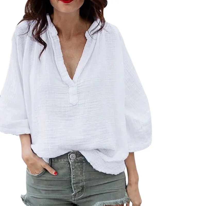 

2019 Fashion Women Lantern Long Sleeve V Neck White Shirt Blouse Ladies New Casual Solid Color Blouses Tops blusas femininas