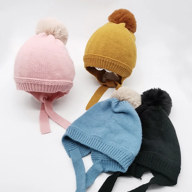 

Fashion Cute Baby Girl Pom Pom Beanie Kids Warm Knit Hat Solid Color Ear Protection Hat Boys Girls Baby Accessories