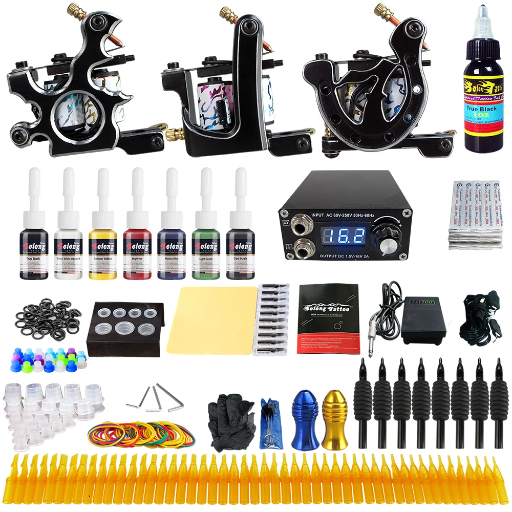 

Solong Tattoo 3 Pro Tattoo Machine Gun Kit 7 Color Pigment Inks Power Supply Foot Switch Needles Tips TK356