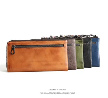 

Multi-functional Vintage Genuine Leather Mens Wallet Casual Zipper Long Wallet Passport Cover For Men Passcard Pocket Male Purse
