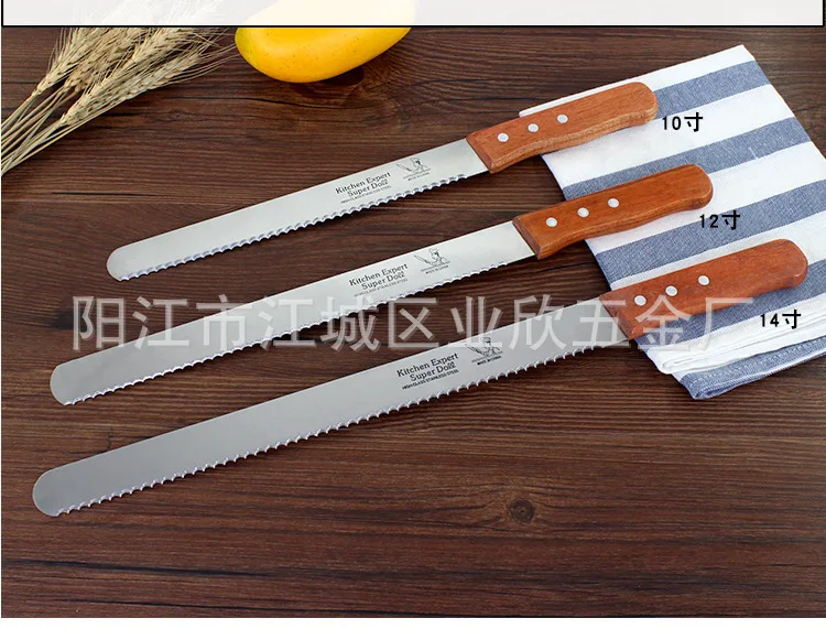 Yangjiang завод в настоящее время 14 дюймов толстые нержавеющая сталь деревянная рукоятка тонкие зубья хлеб Ножи не сужающийся книзу массивный зазубренный нож F