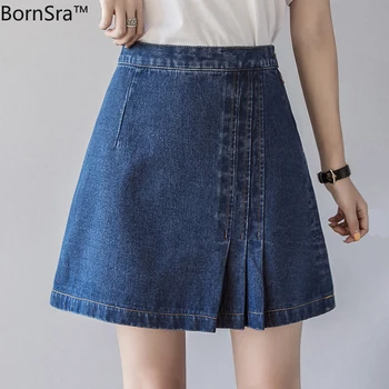 

BornSra Summer Denim Skirts Women Korean High Waist Pleated Skirts A-Line Vintage Slim Mini Jeans Skirts Zipper Button Harajuku