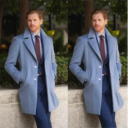 Blue Men Overcoat Thick Warm Long Coat Winter Casual Single Breasted Custom Made Male Jacket