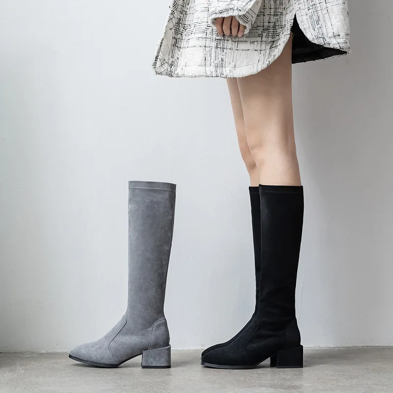 

Large Size SW Knee Thigh Boot Women's Slimming Chunky-Heel Semi-high Heeled Knee-Length Elasticity Boots Suede Small 5050 Boots