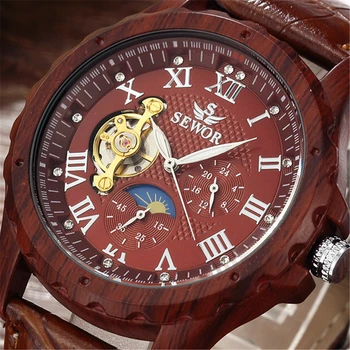 

New Fashion Sewor Luxury Brand Automatic Mechanical Watch Wood Watch Men Mechanical Watches Moon Phase zegarek meski uhren reloj