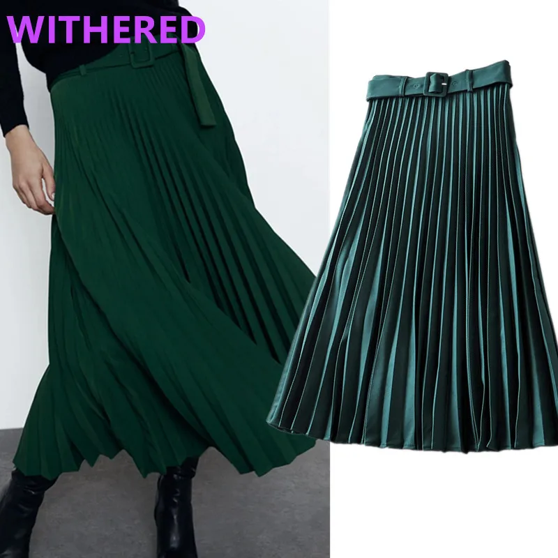 

Withered england office lady simple solid high waist sashes pleated midi skirt women faldas mujer moda 2020 long skirts womens