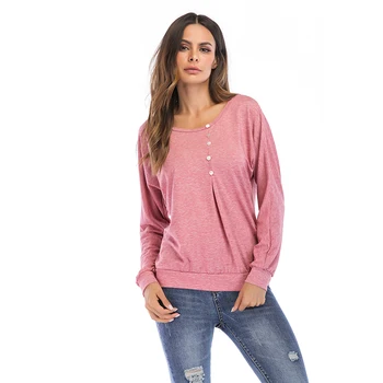

5804 # Season Large Size Dress Crew Neck Shirred Button Loose-Fit Long-sleeved T-shirt Hoodie Women's 2020 New