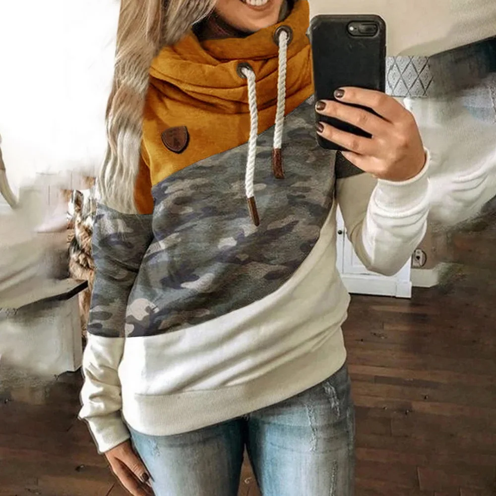 

2020 Fashion Gradient Patchwork Hooded Sweatshirt Women Drawstring Long Sleeve Hoodies Autumn Winter Pocket Female Hoodies Tops