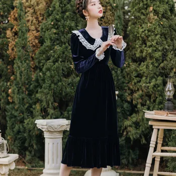 

Autumn Winter Korean New Chic Vintage Elegant Peter Pan Collar Lace Panel Flare Sleeve Velvet Long Dress Women Mermaid Dress