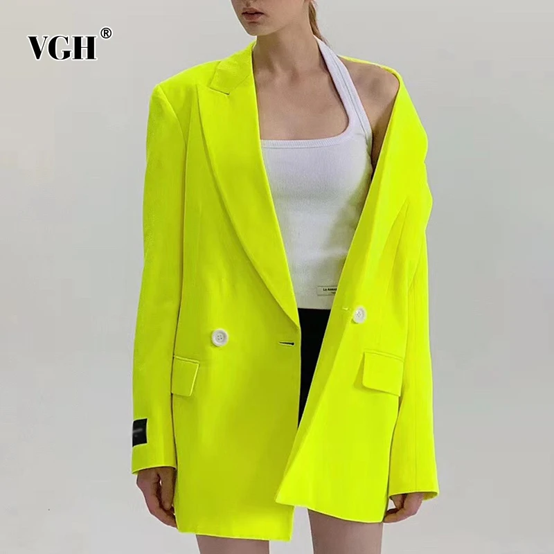

VGH Casual Yellow Blazer For Women Notched Long Sleeve Loose Solid Minimalist Blazers Female 2020 Fashion New Clothing Autumn