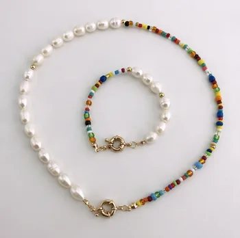 

2020 Fashion Real Pearl Jewelry Set Bohemian Multi-Color Glass Beads Freshwater Pearl Necklace and Bracelet for Women Party
